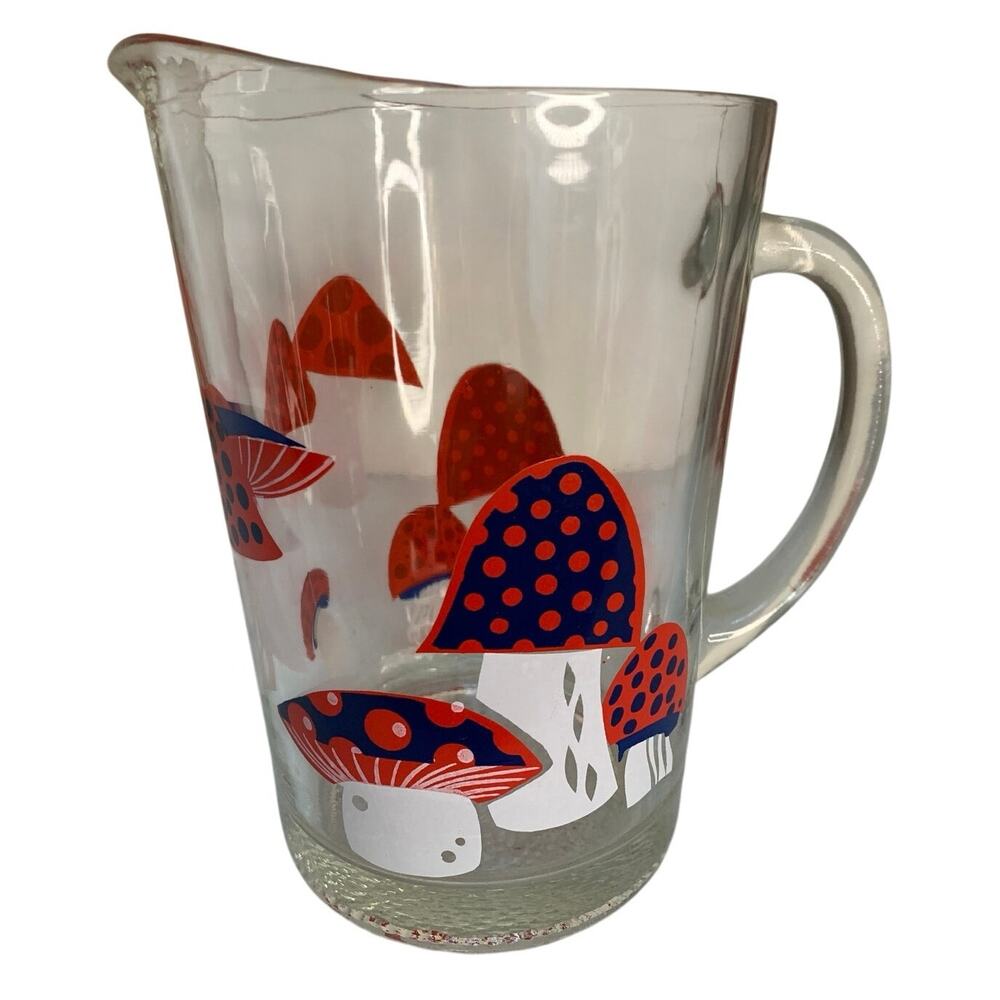 Vintage Retro Red White Blue Mushroom Glass Pitcher